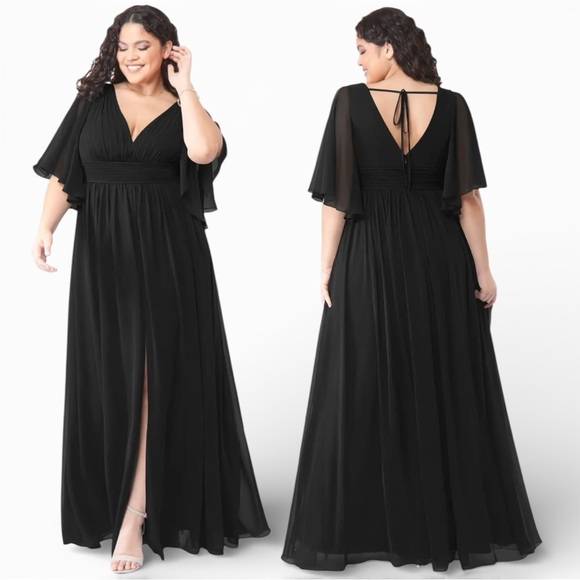 Azazie Dresses & Skirts - NWT Azazie Tameka Black Full Length Formal Front Slit Sleeves Chiffon Dress